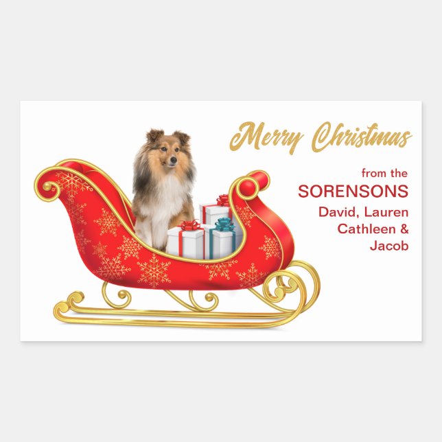 Sticker Rectangulaire Shetland Sheepdog Christmas Sleigh (Devant)