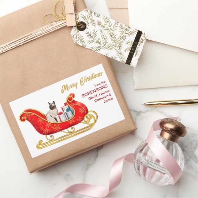 Sticker Rectangulaire Siamese Chat Noël Cadeau Sleigh (Cadeaux)
