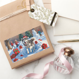 Sticker Rectangulaire Sibérie Husky Courir en neige avec Casquette de No