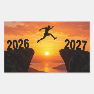 Sticker Rectangulaire Silhouette du Nouvel An 2027 sautant une falaise