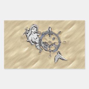 Sticker Rectangulaire Sirène d'argent dans le sable
