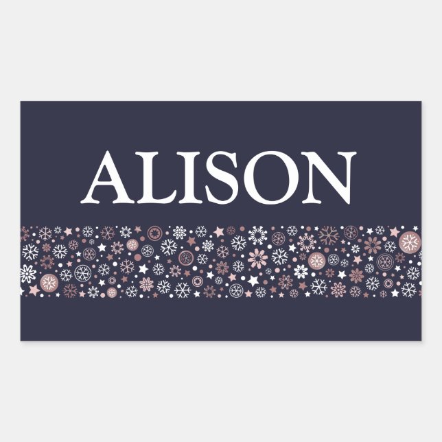 Sticker Rectangulaire Snowflake hiver bleu blanc blanc et rose nom texte (Devant)