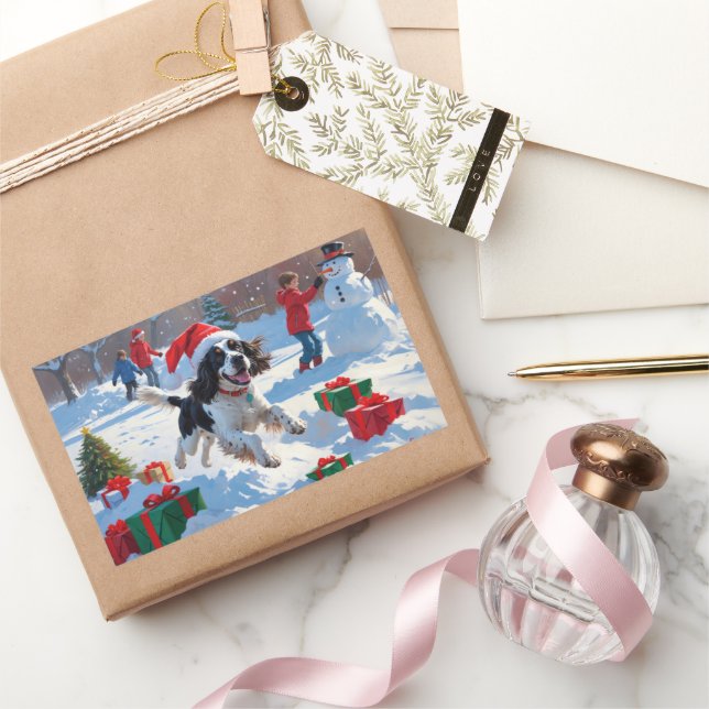 Sticker Rectangulaire Springer Spaniel coule la neige avec le Casquette  (Cadeaux)
