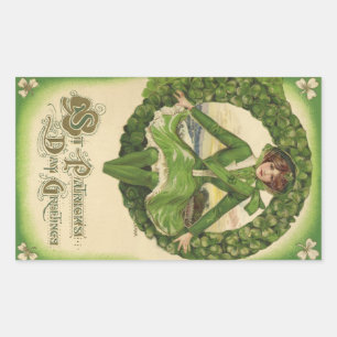 Sticker Rectangulaire St. Patrick's Day vintage, Wreath with Irish Lass
