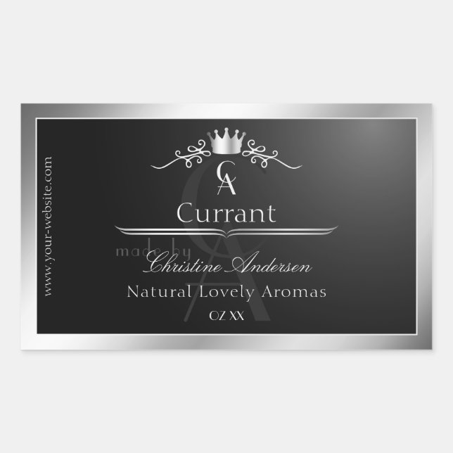 Sticker Rectangulaire Stylish Black Product Label Silver Frame Monogram (Devant)