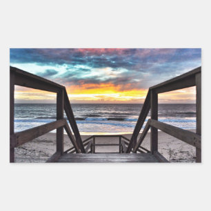 Sticker Rectangulaire Sunset Beach Vue de Rustic Wood Deck