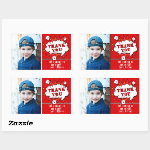 Sticker Rectangulaire Superhero Comic Boy Anniversaire Photo Merci Rouge