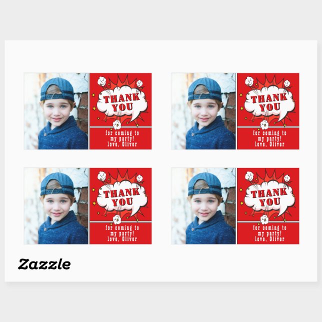 Sticker Rectangulaire Superhero Comic Boy Anniversaire Photo Merci Rouge (Feuille)