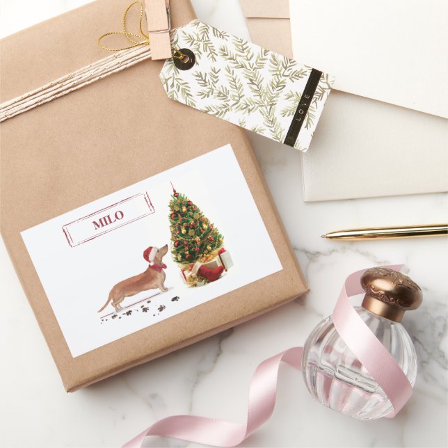 Sticker Rectangulaire Tan Dachshund Funny Chien de Noël avec arbre (Cadeaux)