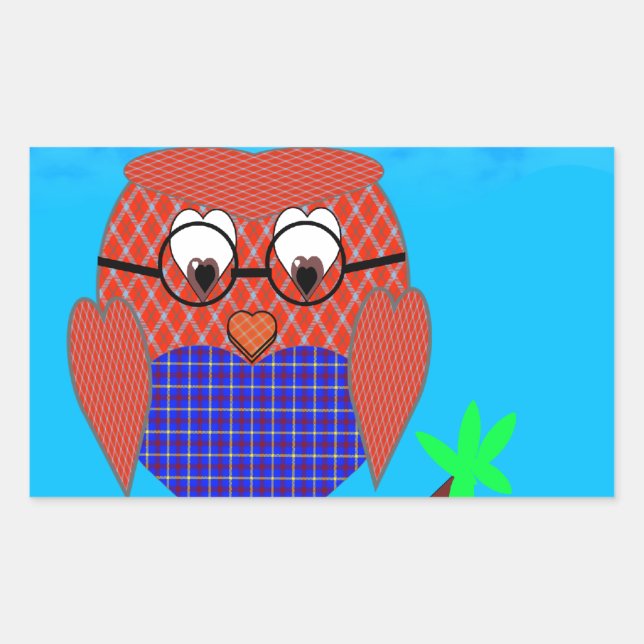 Sticker Rectangulaire Tartan et Chouette des Coeurs (Devant)