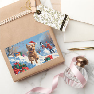 Sticker Rectangulaire Terrier rouillé en neige avec Casquette de Noël