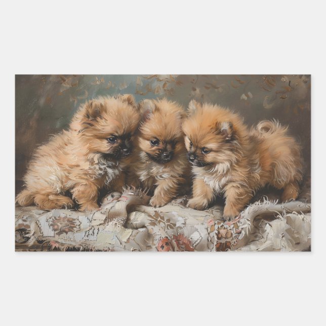 Sticker Rectangulaire Trio Poméranien de chiot Vintage (Devant)