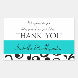 Sticker Rectangulaire Turquoise, Noir Mariage Faveur Merci Message