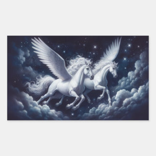 Sticker Rectangulaire Twin Pegasus volant à travers le ciel nocturne