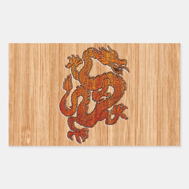 Sticker Rectangulaire Un dragon rouge sur Bambou comme (Devant)