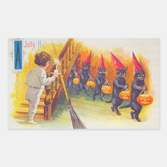 Sticker Rectangulaire Un Jolly Halloween Chats noirs avec des Citrouille (Devant)