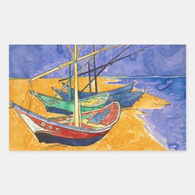 Sticker Rectangulaire Van Gogh Bateaux Plage impressionniste (Devant)