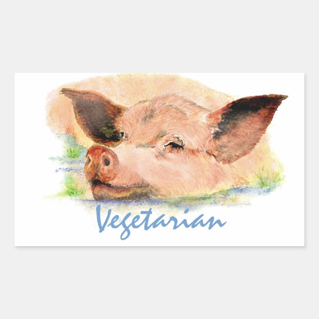 Sticker Rectangulaire Végétal avec porc d'aquarelle mignonne (Devant)