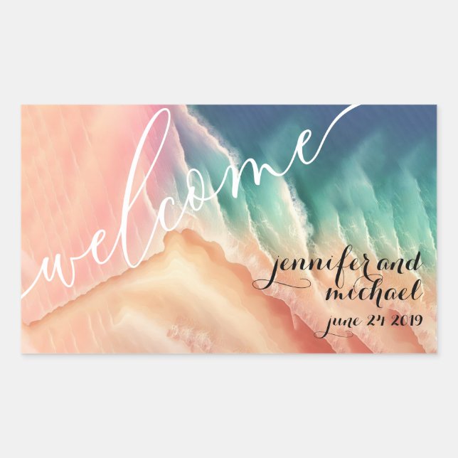Sticker Rectangulaire Vert rose Ocean Beach Aquarelle été soleil (Devant)