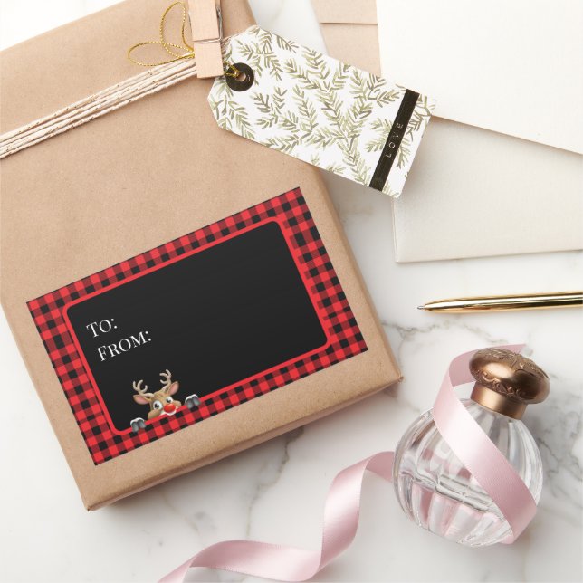 Sticker Rectangulaire Vichy Rouge Noir Buffle Tendance avec Renne (Cadeaux)