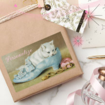 Vintage cute white kitten in a blue satin shoe
