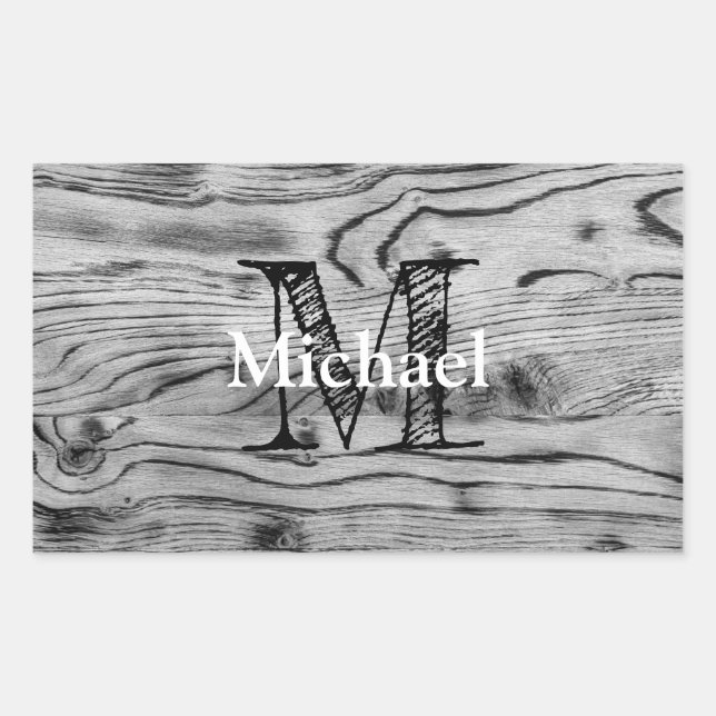 Sticker Rectangulaire Vintage rustique gris noir bois brûlé Monogramme (Devant)