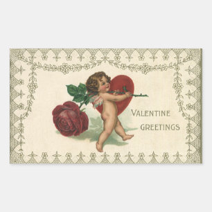 Sticker Rectangulaire Vintage Victorian Valentine Cherub, Rose et coeur