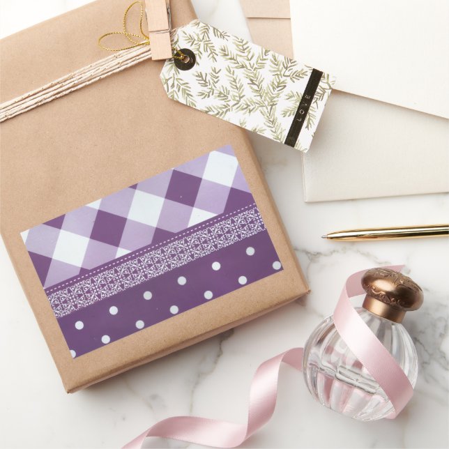 Sticker Rectangulaire Violet blanc À damiers Polka Dot Floral Damask Art (Cadeaux)