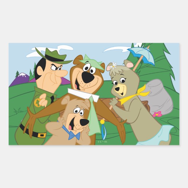 Sticker Rectangulaire Yogi Ours et amis encadrés photo de la forêt (Devant)