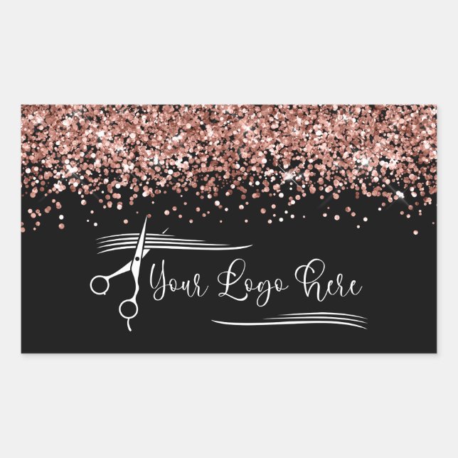 Sticker Rectangulaire Your Logo Black and Rose Gold Glitter Glam (Devant)
