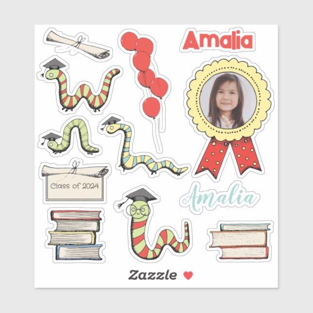 Sticker Red Bookworm Preschool Graduation Party Nom (Feuille)