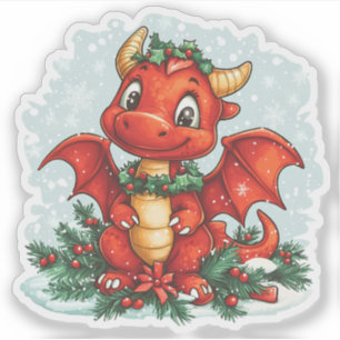 Sticker Red Christmas Holly Dragon