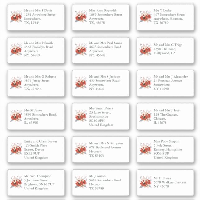 Sticker Red Florals Mariage individuel Nom de l'hôte Adres (Devant)