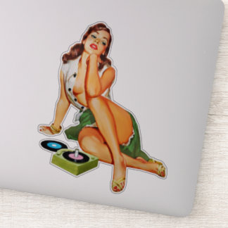 Sticker Red Head Pin-up Girl Jouant de vieux disques