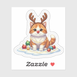 Sticker Reindeer Cat with Red Nose Rudolph Style Christmas