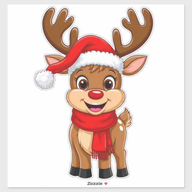 Sticker Renne de dessin animé avec chapeau de Père Noël (Feuille)