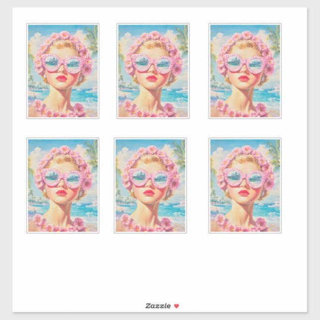 Sticker Retro Beach Girl avec lunettes de soleil florales (Feuille)