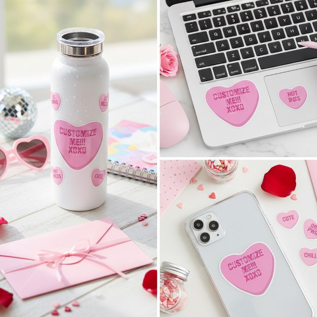 Sticker Retro Candy Heart Personalized Custom Pink Vinyl (A custom pink candy heart vinyl sticker  for your Valentine or Galentine conversation heart)