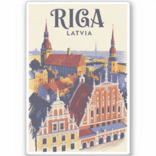 Sticker Riga Lettonie Illustration Voyage Art Vintage