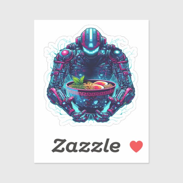 Sticker Robot Cyberpunk Futuriste Neon Nourriture Ramen (Feuille)