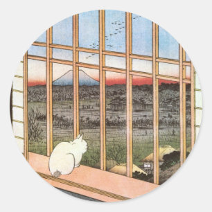 Sticker Rond 猫 と 富 士 山, 広 重 Chat et Mont Fuji, Hiroshige