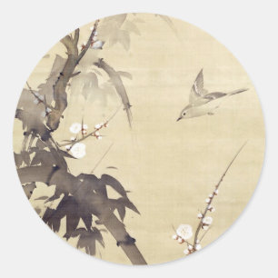 Sticker Rond 竹に鳥, oiseau de 其一 et bambou, Kiitsu, art du Japon