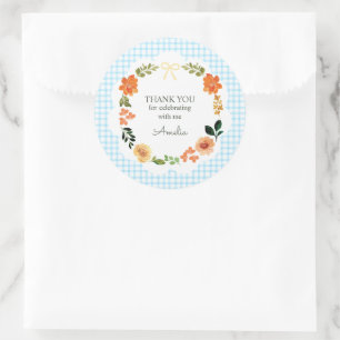 Sticker Rond 002 Bleu Cerule Floral Gingham Baby Shower