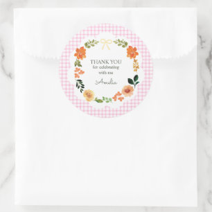 Sticker Rond 009 Fuchsia Rose Floral Gingham Baby Shower