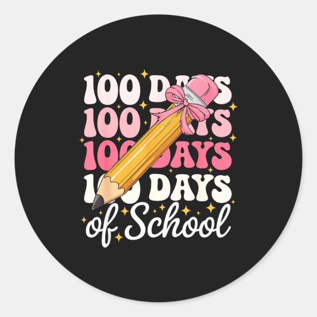 Sticker Rond 100 Days Of School Girls Coquette Bow 100th Day Of (Devant)