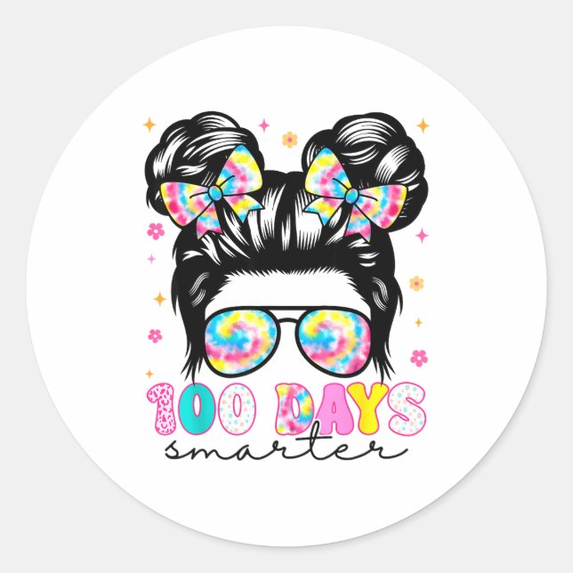 Sticker Rond 100 Days Smarter Messy Bun Girl 100th Day Of Schoo (Devant)