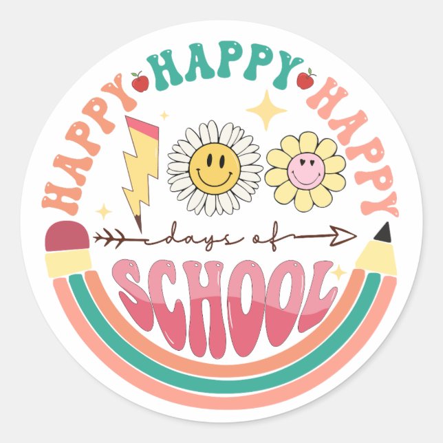 Sticker Rond 100 Jours d'école Joyeux rétro Super (Devant)