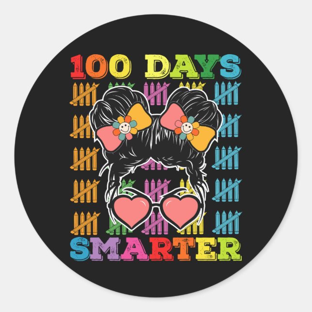 Sticker Rond 100 Jours Smarter Messy Bun 100e Jour De L'École (Devant)