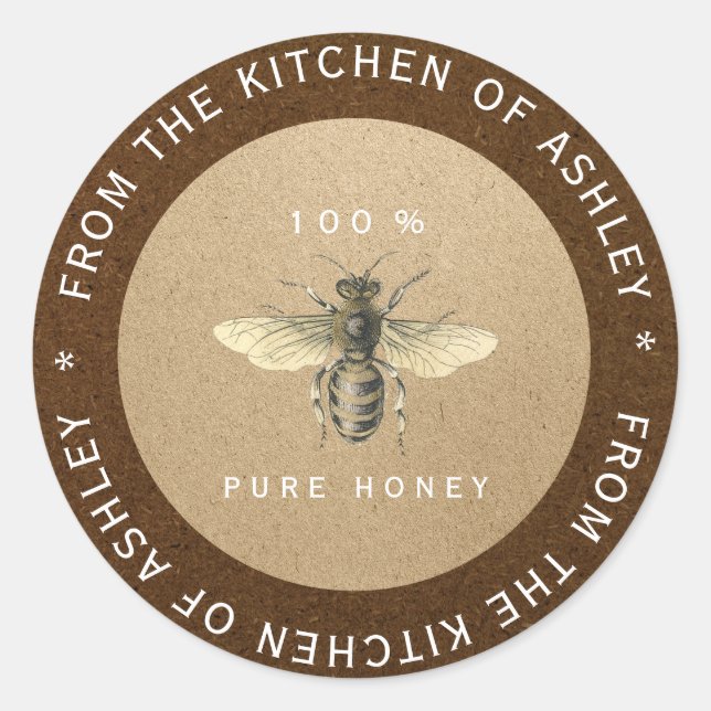 Sticker Rond 100% Miel fait maison Cuisine Kraft Bee Bronze (Devant)