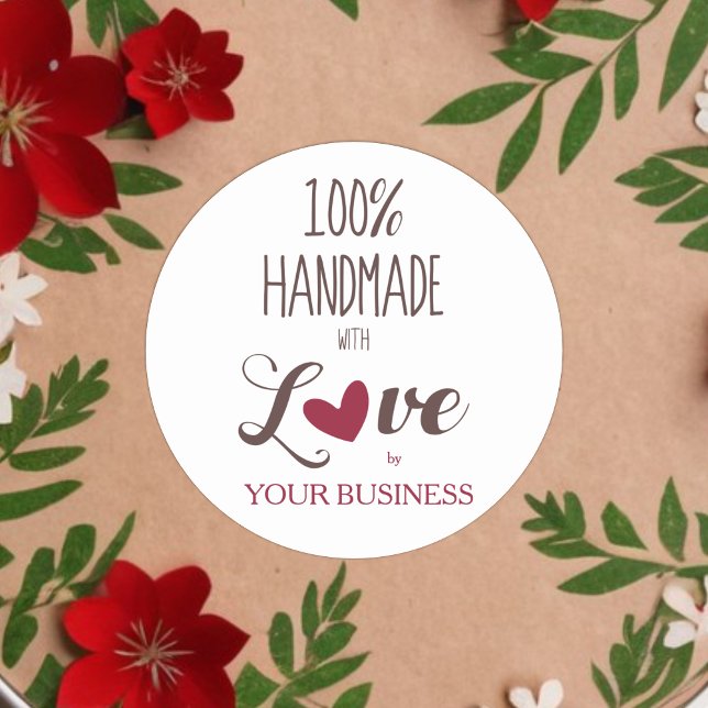 Sticker Rond 100% Quote Craft Articles Handmade (Romantic Rustic 100% Handmade with Love Quote Classic Round Sticker with Red Heart. )